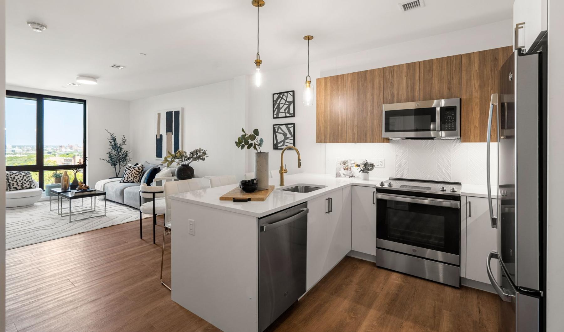 a kitchen with a large island